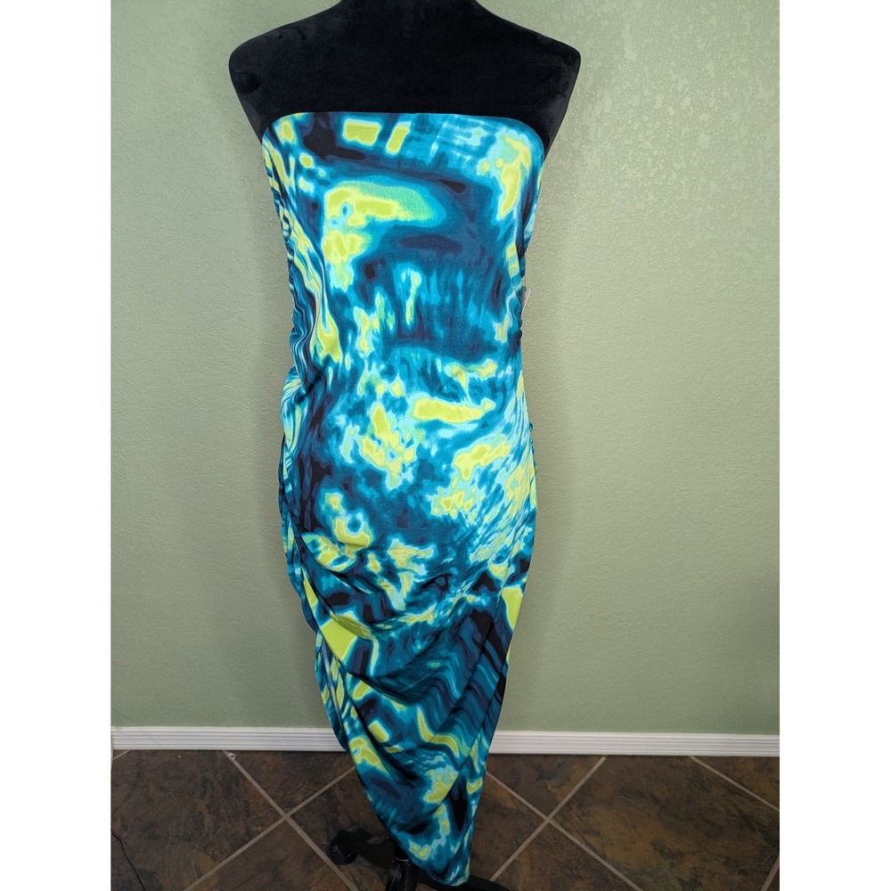 Bold Elements Womens Strapless Tie Dye Ruched Midi Bodycon Dress Blue Teal XL